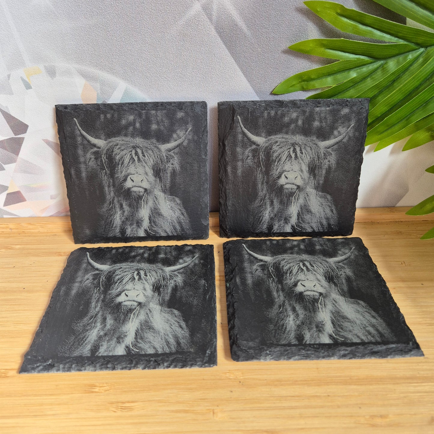 Set van 4 Leistenen Onderzetters β Schotse Hooglander ππ€