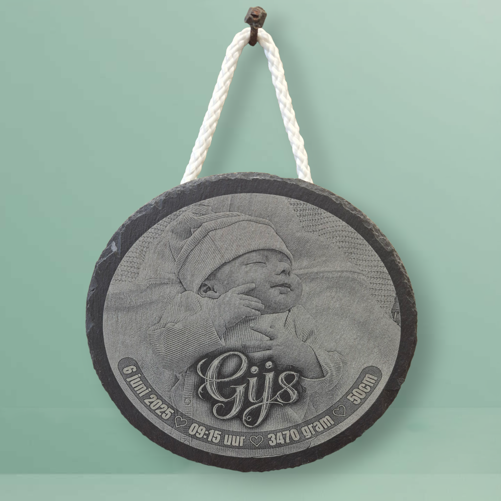 🎁 Gepersonaliseerde Geboortetegel – Rond Leisteen Ø20 cm