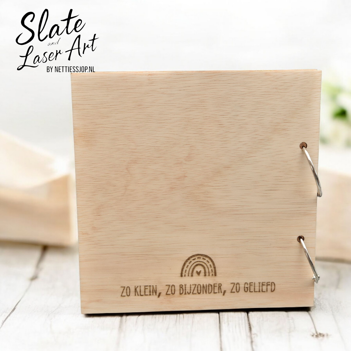 🌈 Houten geboortekaartjes boekje — Boho stijl 20×20 cm 🤍