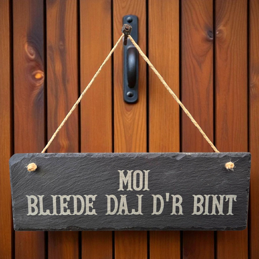 🪨 Leistenen Hangbordje 30x10 cm – "Moi, bliede daj d'r bint"