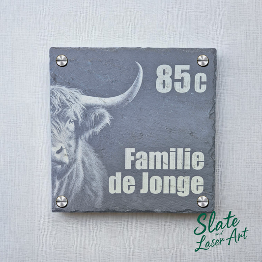 Leistenen Naambord 20x20 cm – Schotse Hooglander