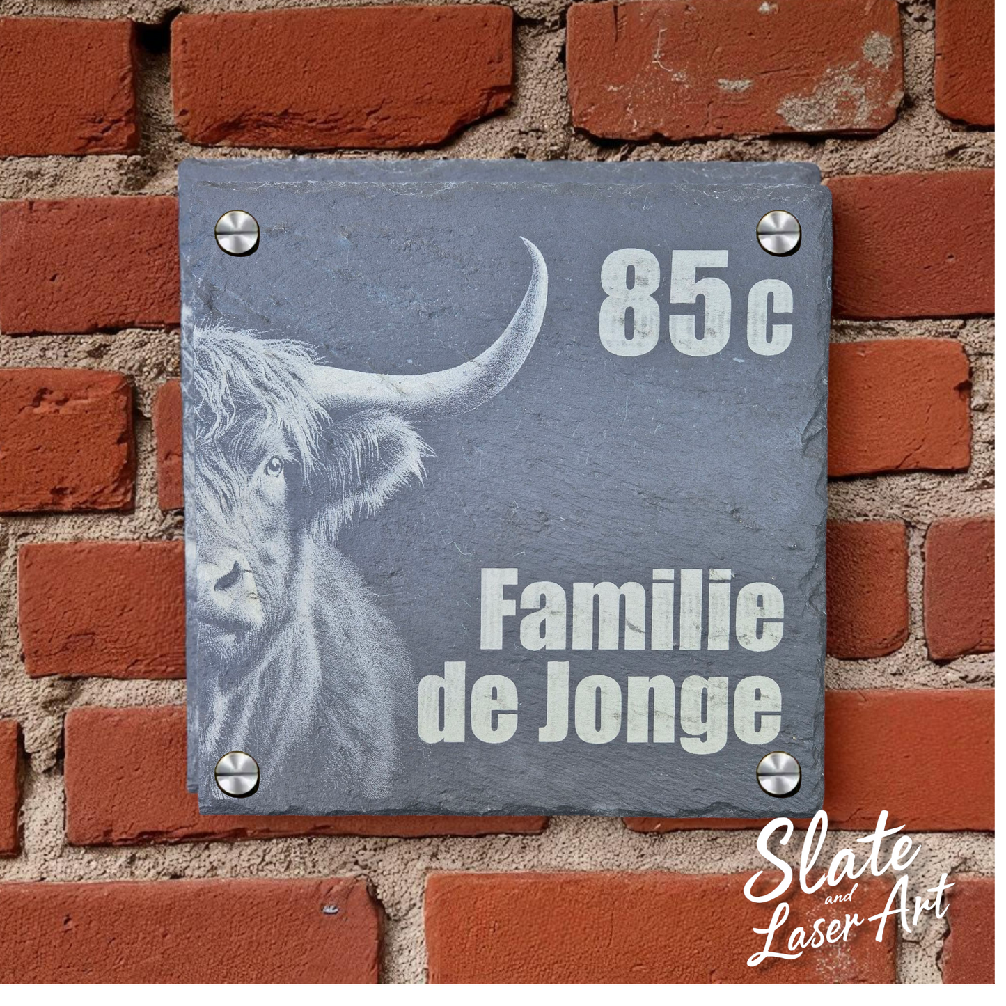 Leistenen Naambord 20x20 cm – Schotse Hooglander