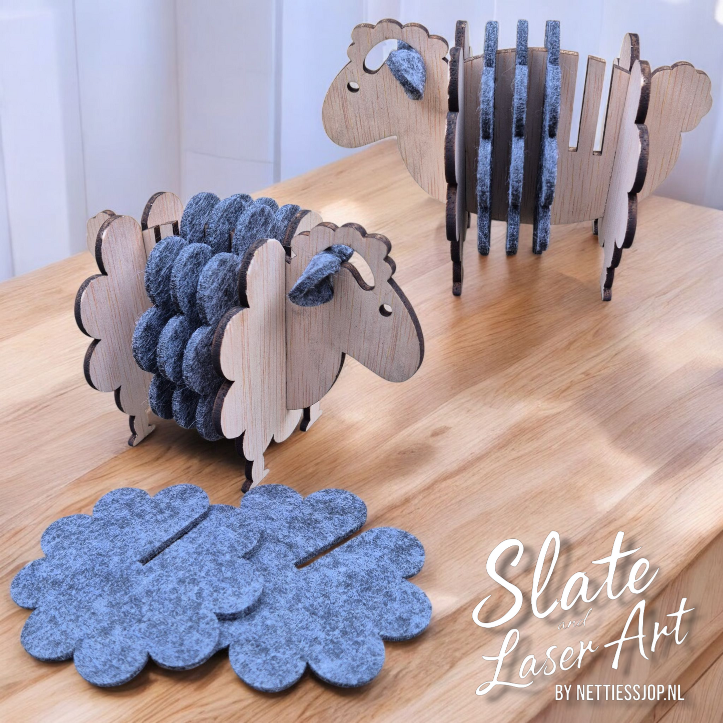 🐑 Houten Schaap met Vilten Onderzetters