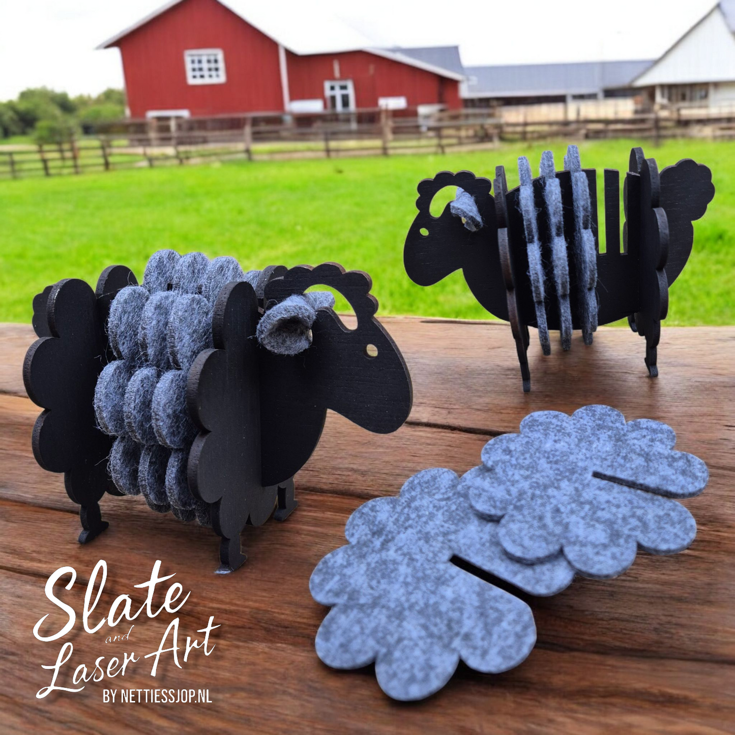 🐑 Houten Schaap met Vilten Onderzetters