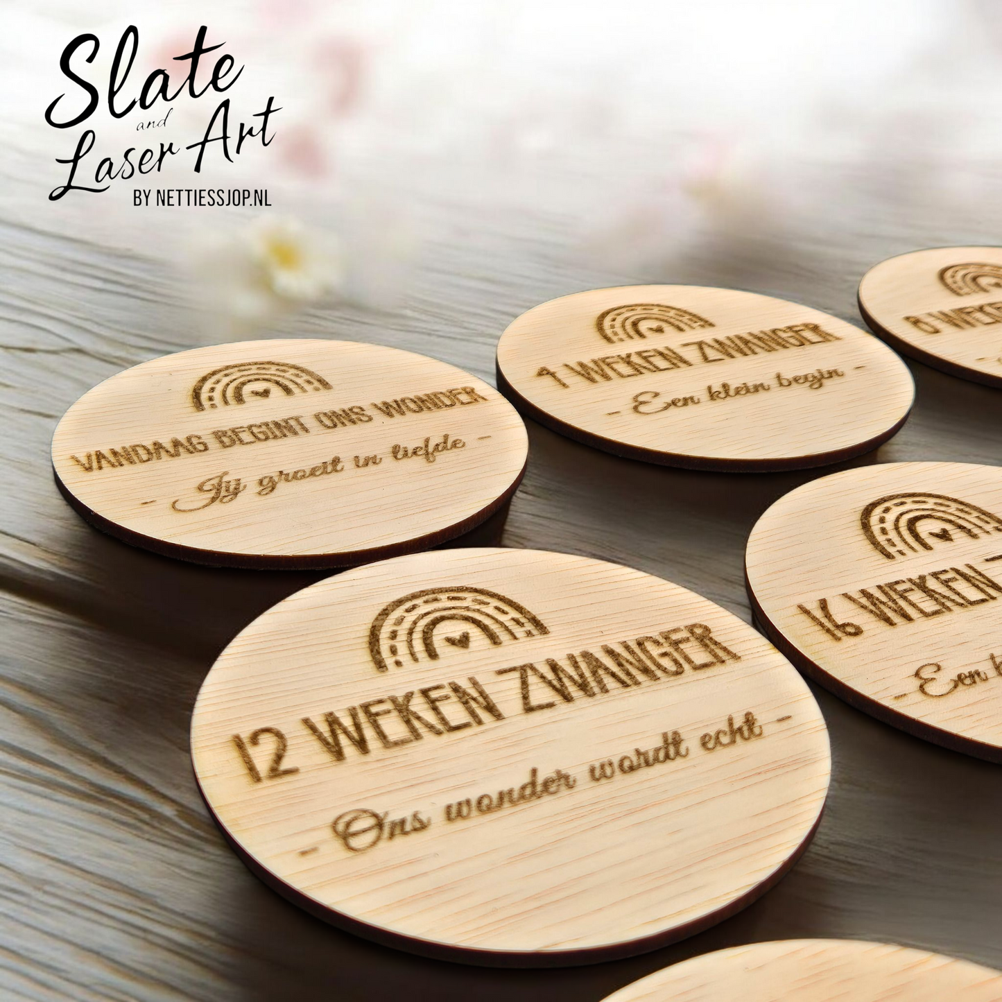 🌸 Set van 12 houten milestone cirkels — Zwangerschap in Boho stijl 🌈