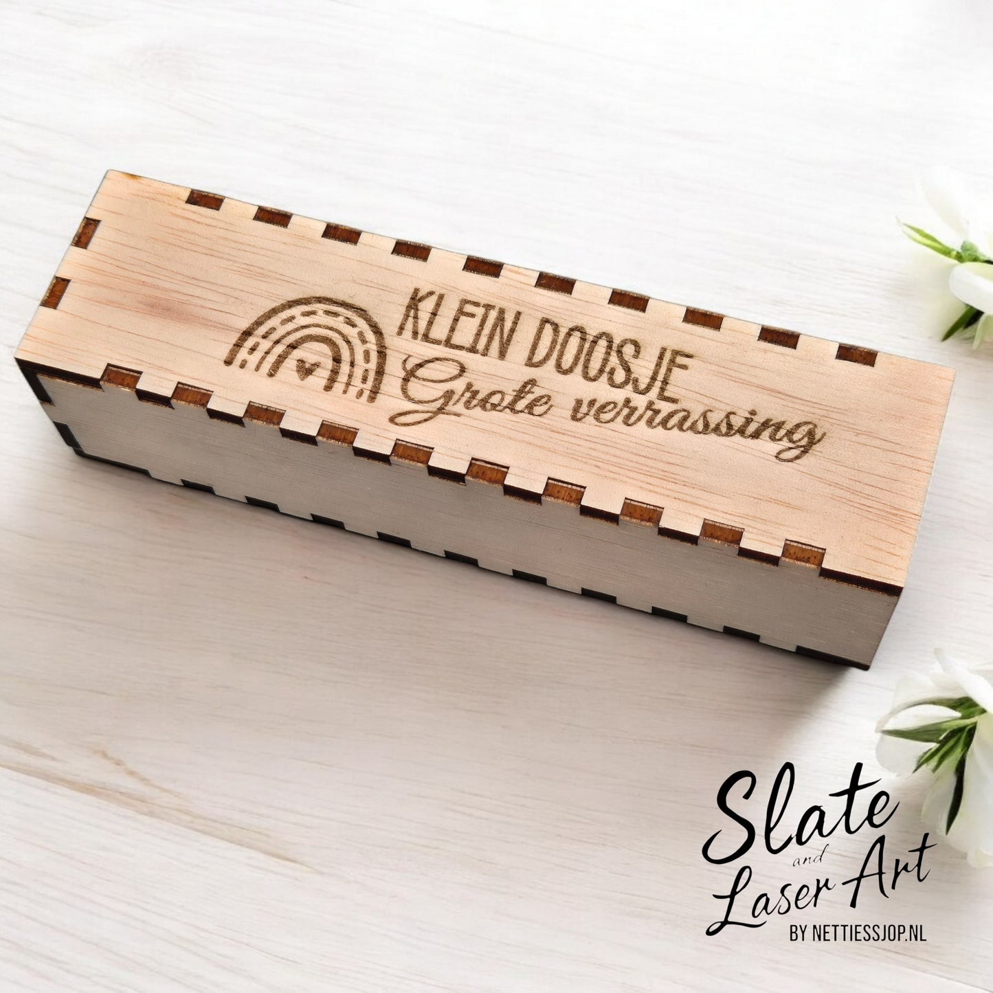 🌸 Houten bewaardoosje met schuiflaadje — Klein doosje, Grote verrassing 🌈