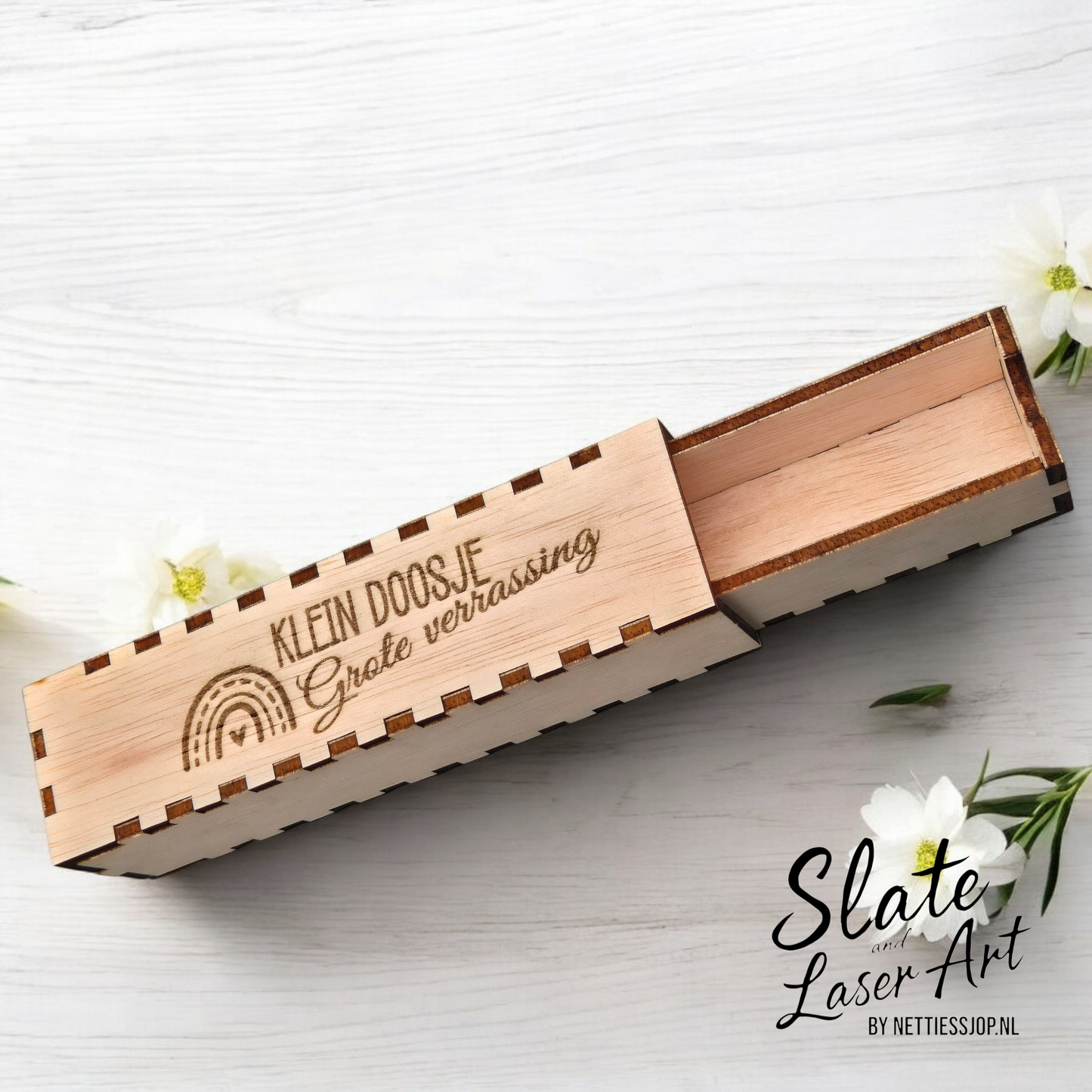 🌸 Houten bewaardoosje met schuiflaadje — Klein doosje, Grote verrassing 🌈