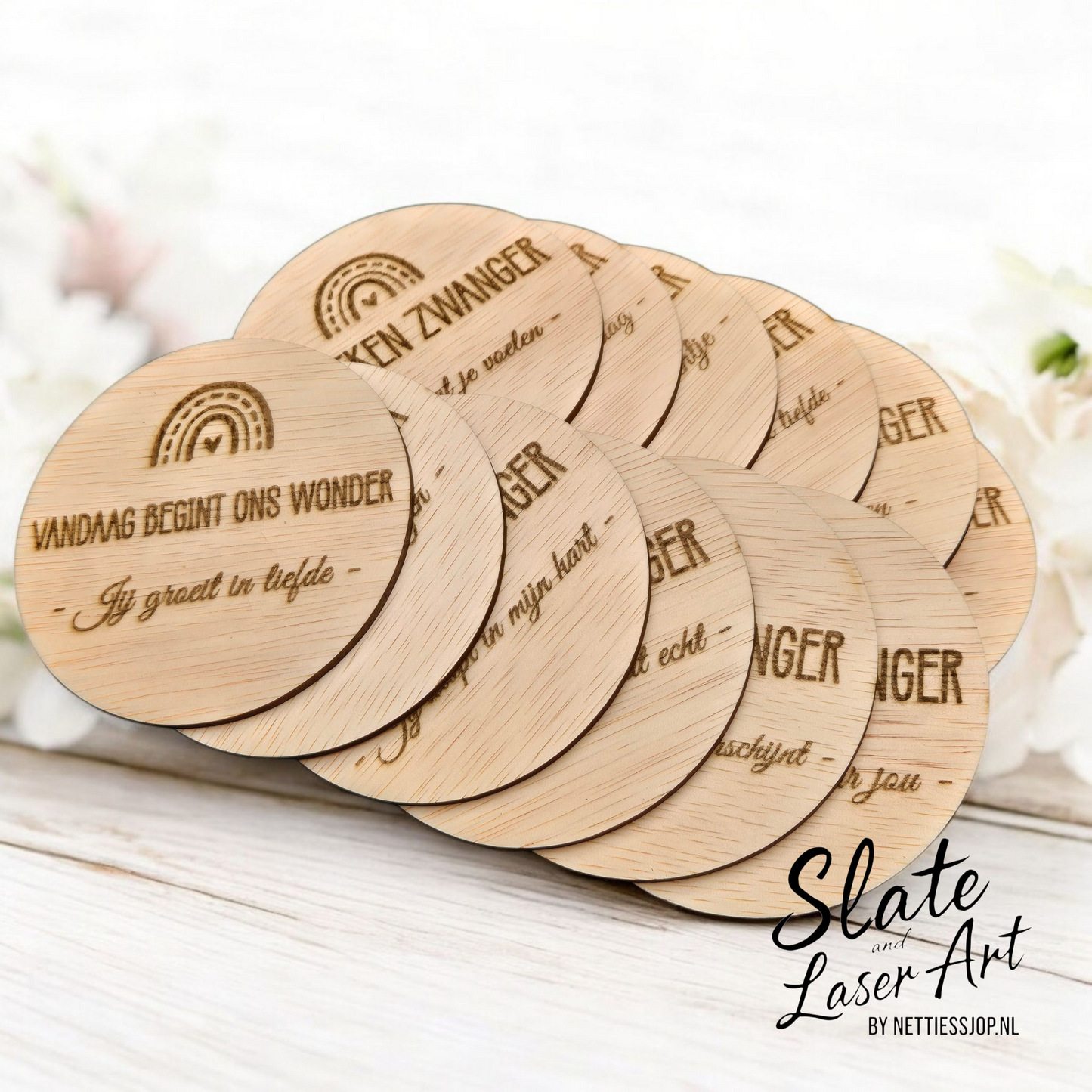 🌸 Set van 12 houten milestone cirkels — Zwangerschap in Boho stijl 🌈