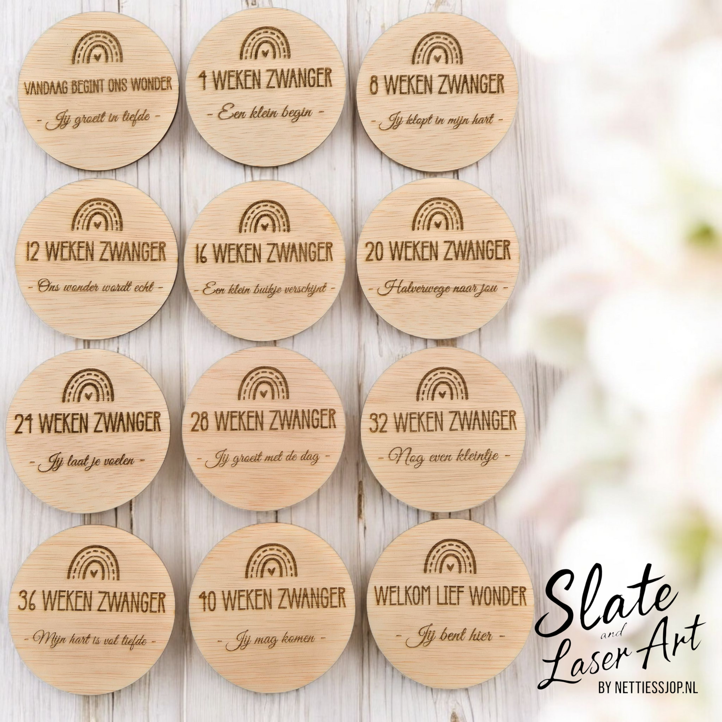 🌸 Set van 12 houten milestone cirkels — Zwangerschap in Boho stijl 🌈