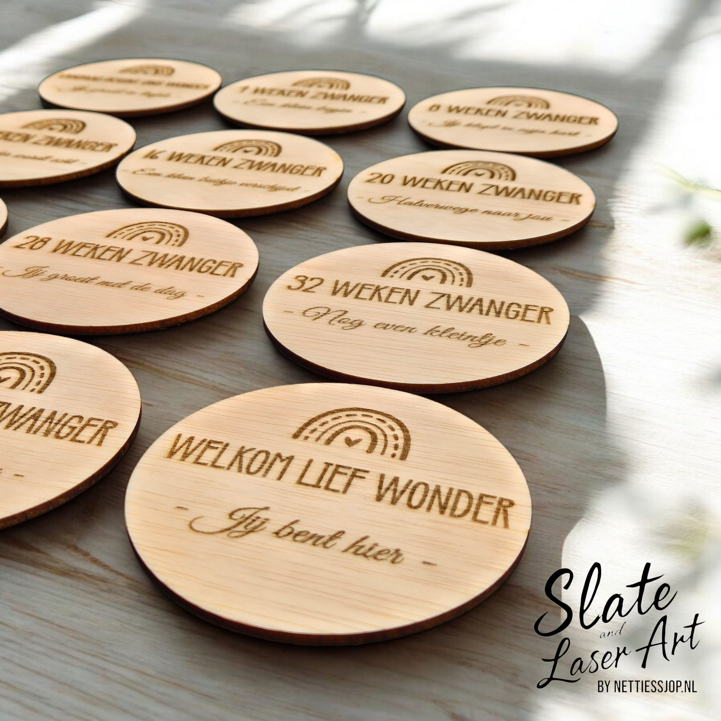 🌸 Set van 12 houten milestone cirkels — Zwangerschap in Boho stijl 🌈