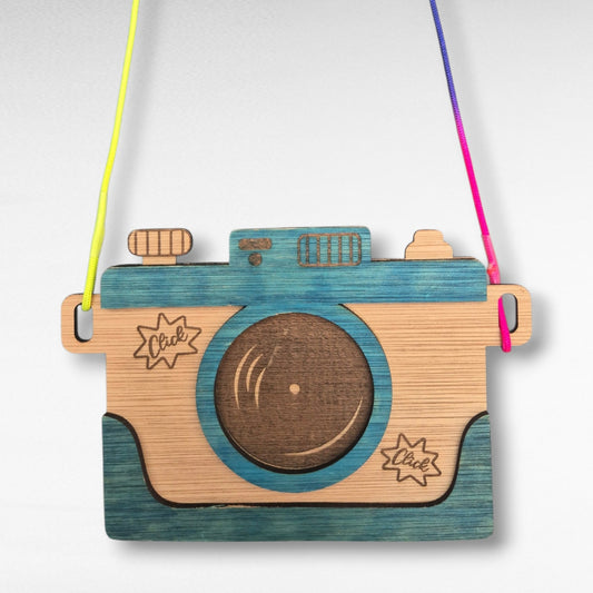 Houten kindercamera – met neon koord